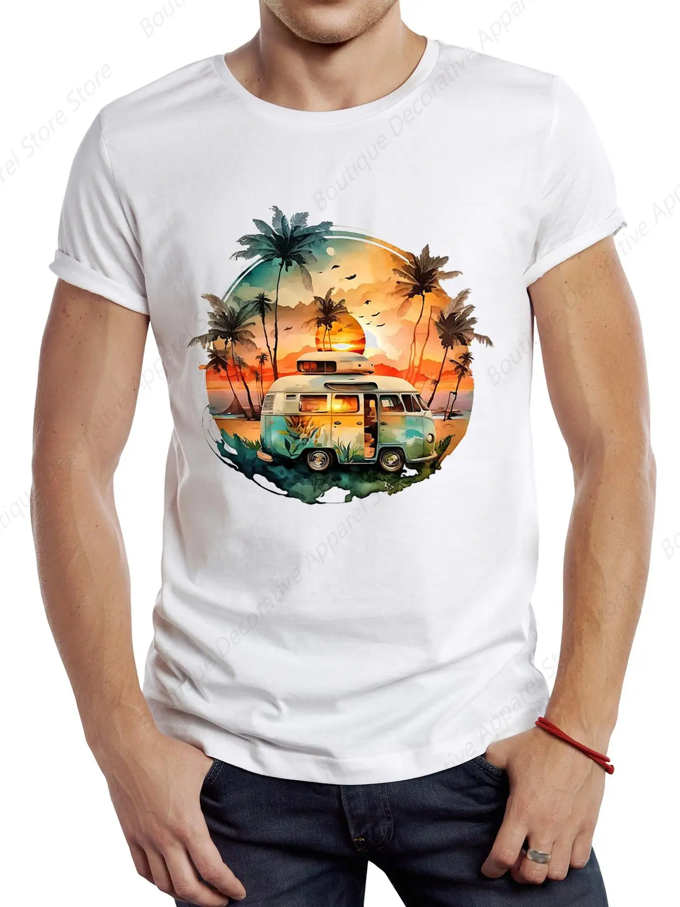 TEEHUB Vintage Camping Bus Men T Shirt Graphic Retro Beach Camping Sport Cloth Casual Go Adventure Tops Hipster Tee