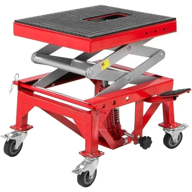 Red Mini Crank Motorcycle Scissor Jack Lift 300LBS Capacity Hydraulic Foot Operated Hoist for Dirt Bike ATV Maintenance