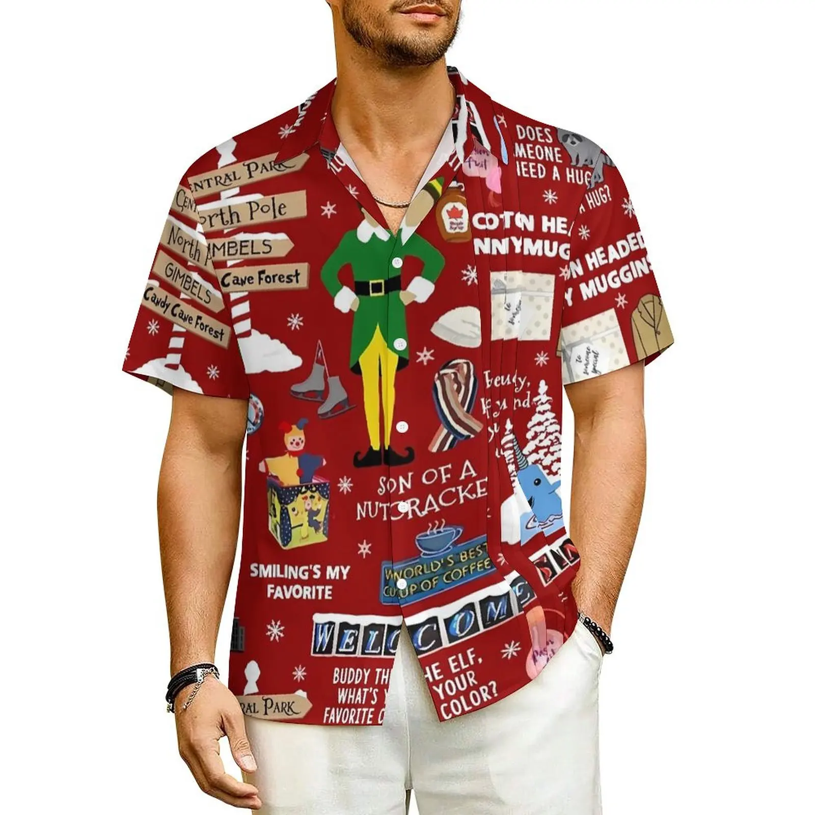 

Hawaiian Shirt Vacation Christmas Blouses Buddy The Elf Collage Vintage Casual Shirts Men Short Sleeves Harajuku Oversized Tops