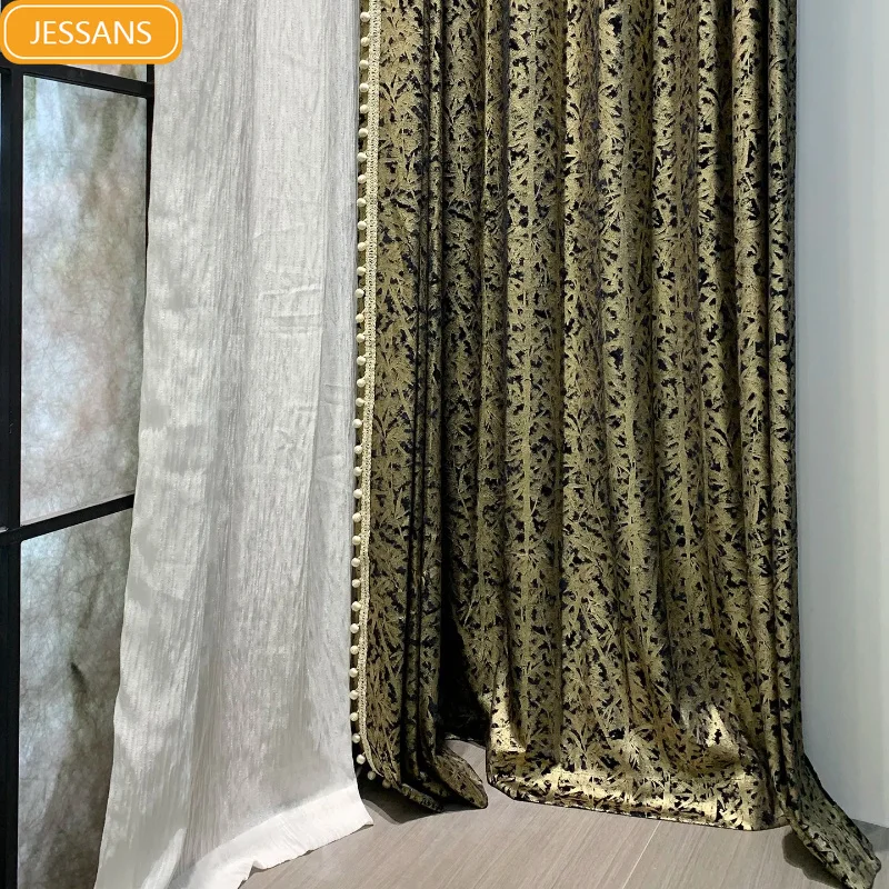 New French Black Gilded Flannelette Jacquard Thickened Blackout Curtains for Living Room Bedroom French Window Customized