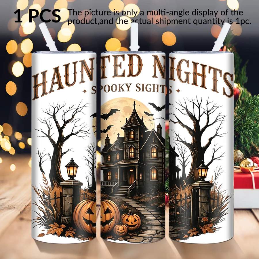 1pc 20Oz stainless steel straight cup with straw cover Christmas Castle elements are suitable for Christmas and Halloweenasgifts