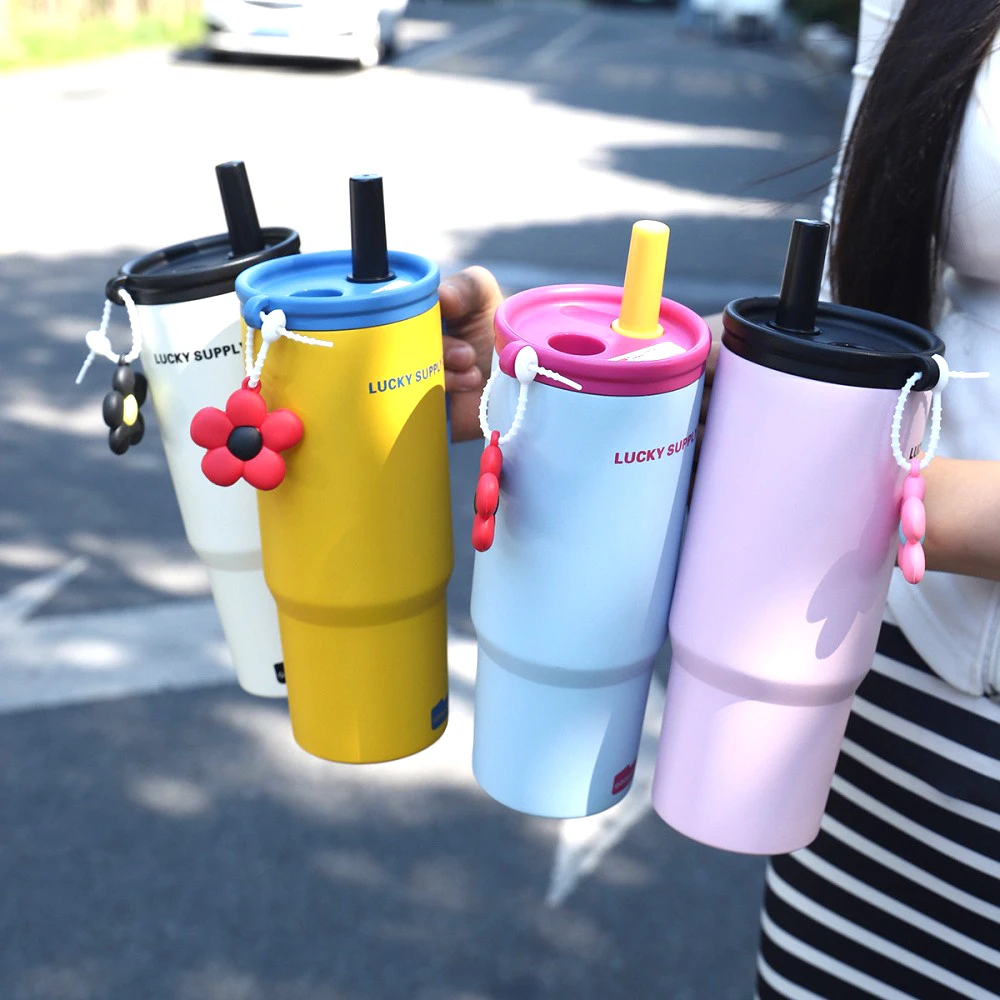 

Cute Tumbler With Straw Handle Filter 750ml Large Thermos Bottle Stainless Steel Vacuum Water Bottle For Woman Office Travel Gym