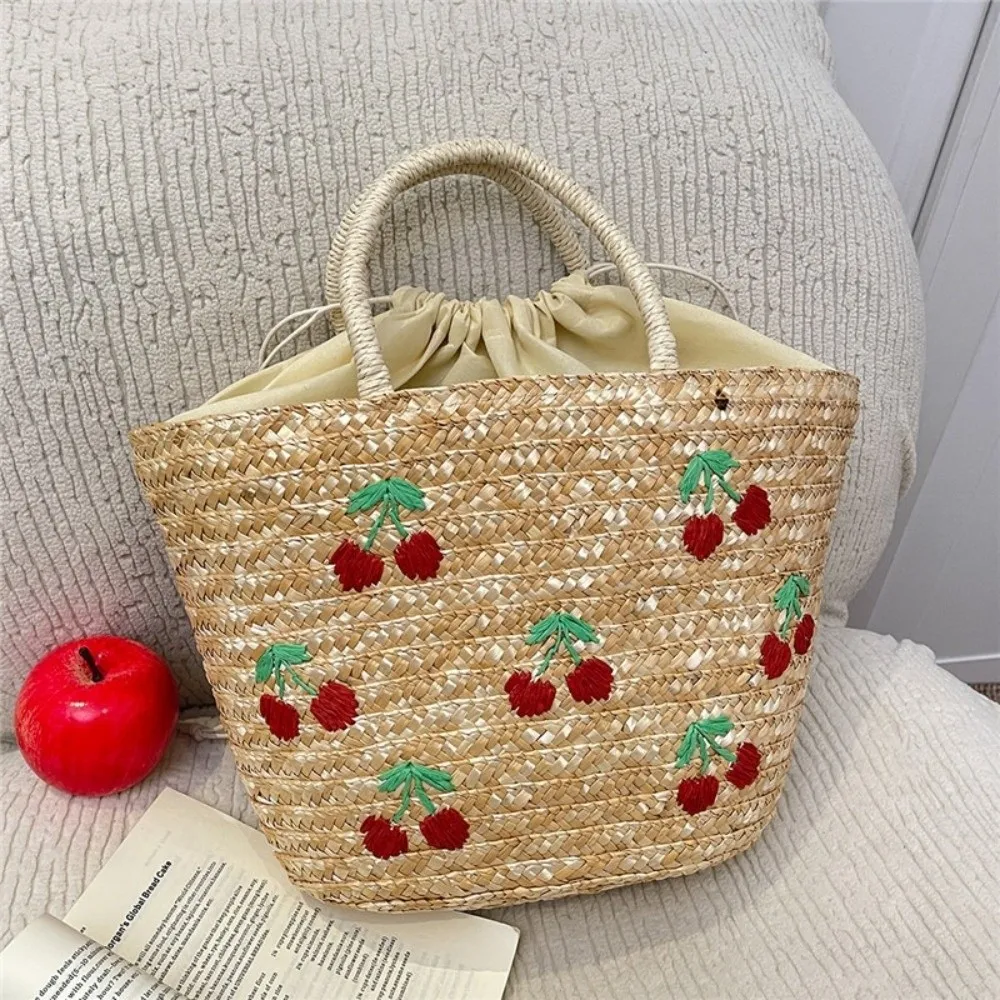 Embroidery String Straw Tote Bags Bohemian Style Sweet Casual Woven Handbags New Design Coconut Tree Design view 3