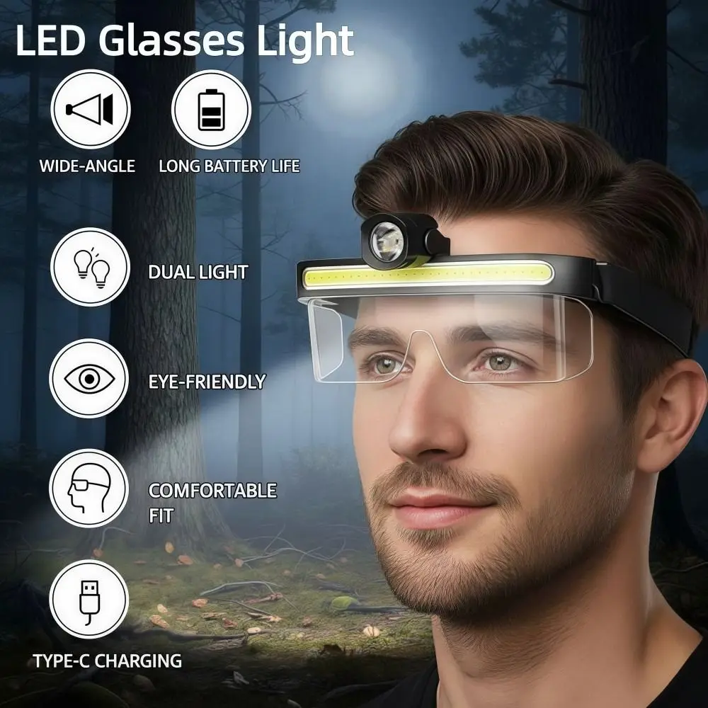 USB Charging LED Glasses Light Full View Large Flood LED Headlamp Dual Level Light Source Multi Functional Riding Fishing Light