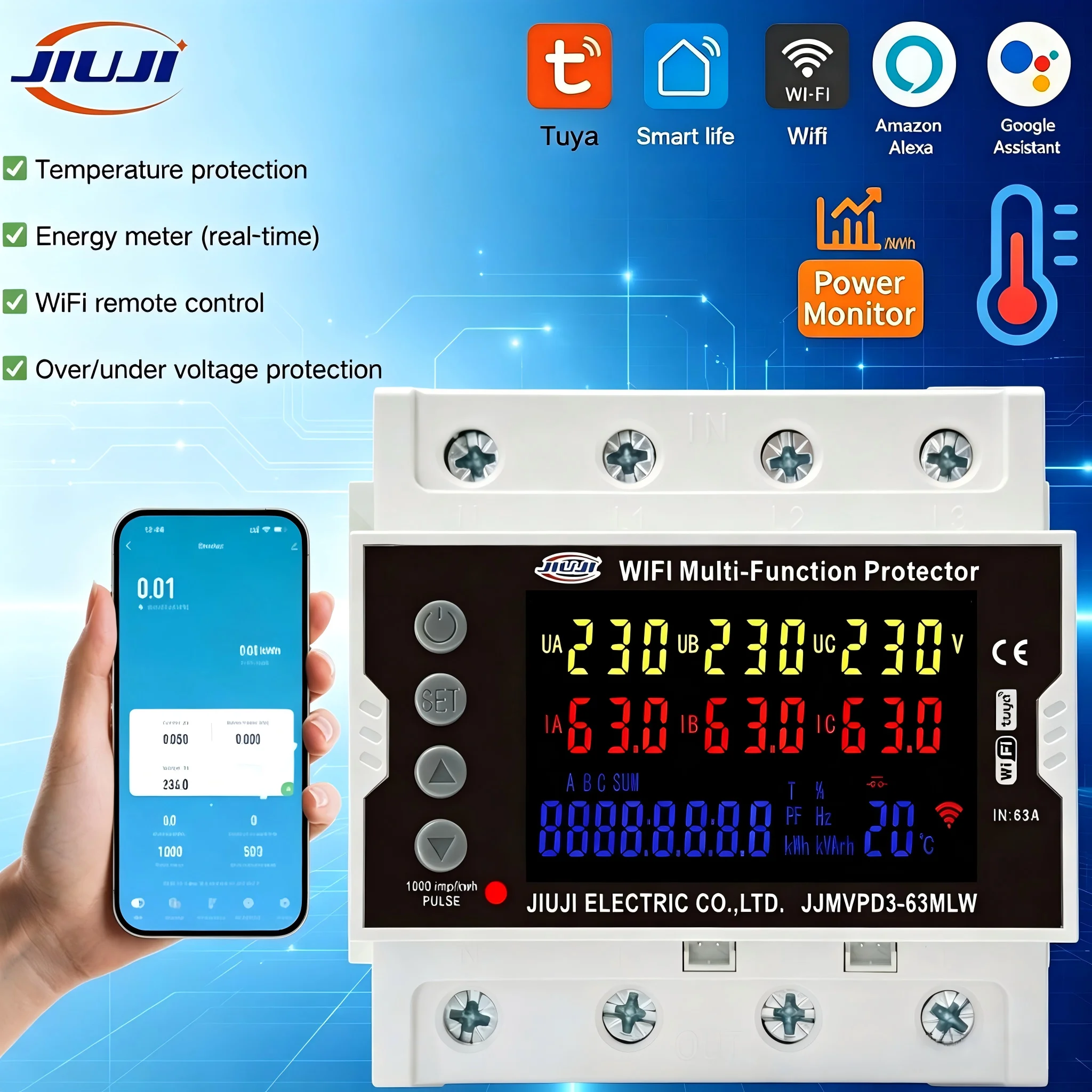 JIUJI JJMVPD3‑80MLW 3‑Phase DIN Rail Protector AC80‑300V 80A LCD Energy Monitor RS485 Overheat Unbalance Auto Reset