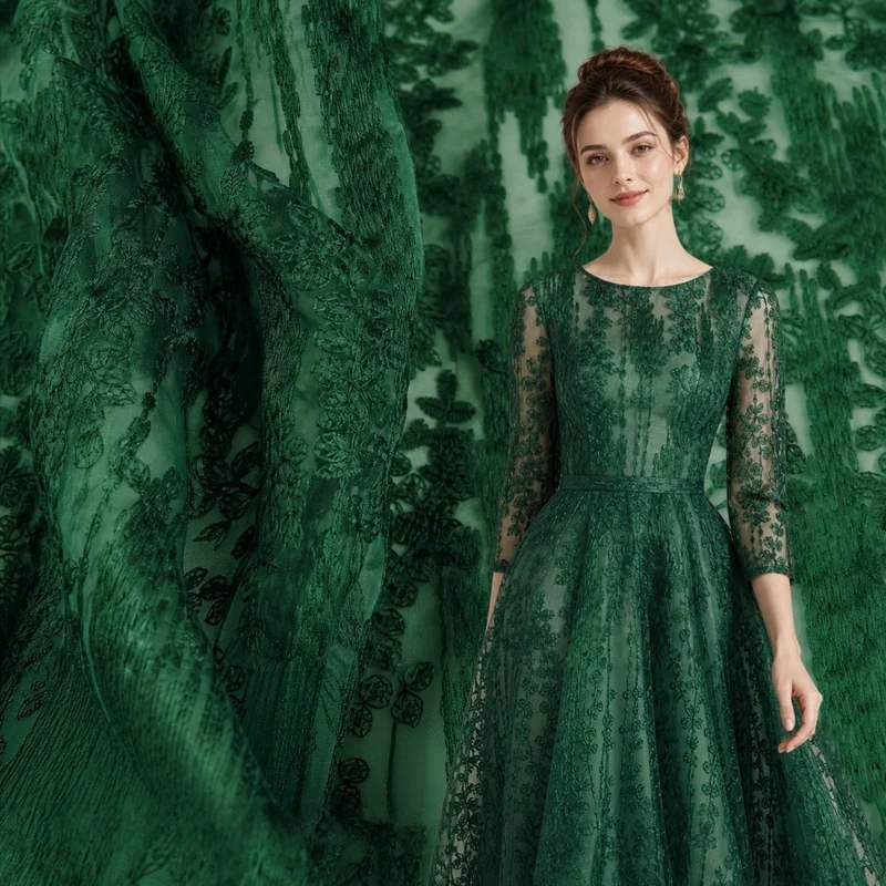 2 Yards High-end quality Dark green, semi-sheer, embroidered organza jacquard fabric for dresses, gowns, and skirtsA