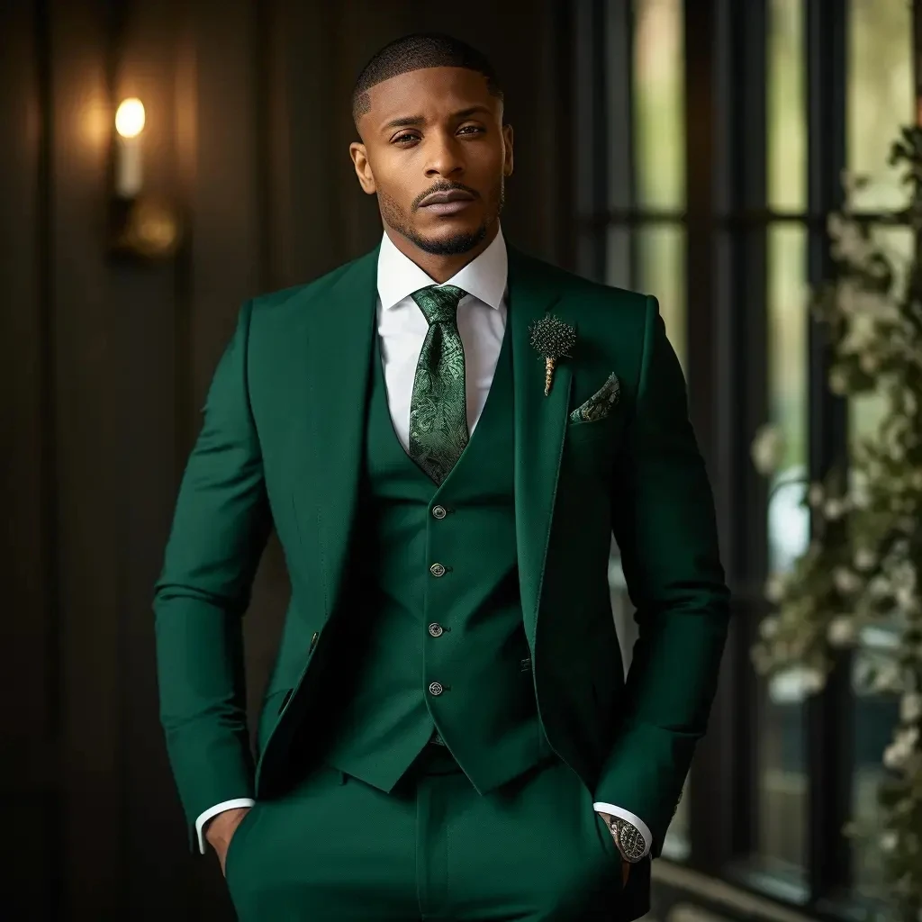 Formal Emerald Green 3 Piece Men Suits Elegant Peaked Lapel Jacket+Vest+Pants Wedding Groom Tuxedos Business Suit Custom Made