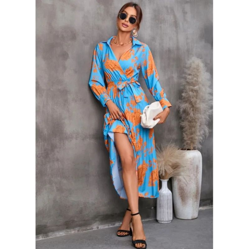 Women's Fashion Floral Printed Long Dresses 2025 Summer V Neck Lace-up Office Lady Elegant Party Vestidos Female Casual Clothing