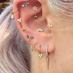 Helix Tragus Rook Lobe Ear Piercing Earring for Women Flower Zircon Cone Drop Earring Stainless Steel Cartilage Piercing Jewelry
