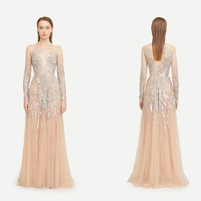 L295 Zuhiar murad Champange Long Sleeves Sliver Beaded  فساتين السهرة vestidos de fiesta  فساتين سهره evening dresses