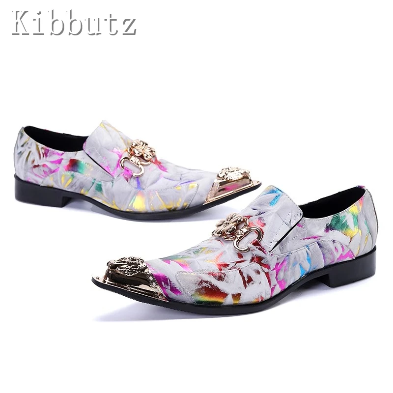 Zapatos de piel auténtica con estampado para hombre, calzado con punta puntiaguda, decoración de Metal, estilo británico, moda de lujo, fiesta, banquete, talla grande