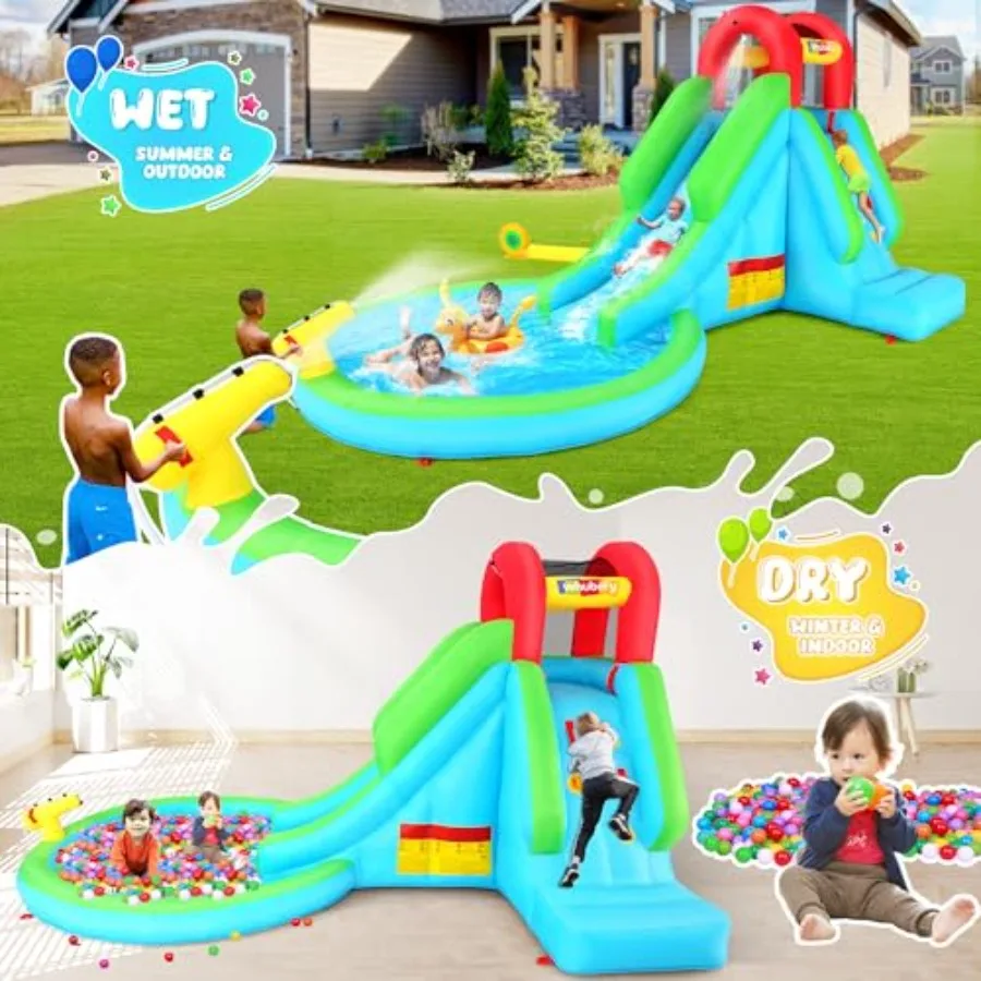Inflatable Water Slide Bounce House for 3-12 PVC Aqua Blue Heavy-Duty Vinyl with Reinforced Seams Splash Pool Sprinkler System view 2