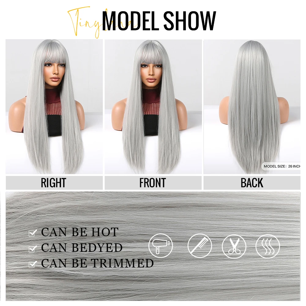 Silver Ash Gray Long Straight Synthetic Wigs Lolita Cosplay Natural Hair with Bangs for White Women Party Daily Heat Resistant