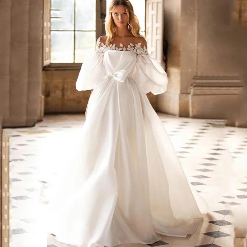 Gorgeous Women's White Bridal Dresses Elegant Decal Bubble Sleeve A-Line Satin Princess Wedding Gowns Formal Beach Party Robe De