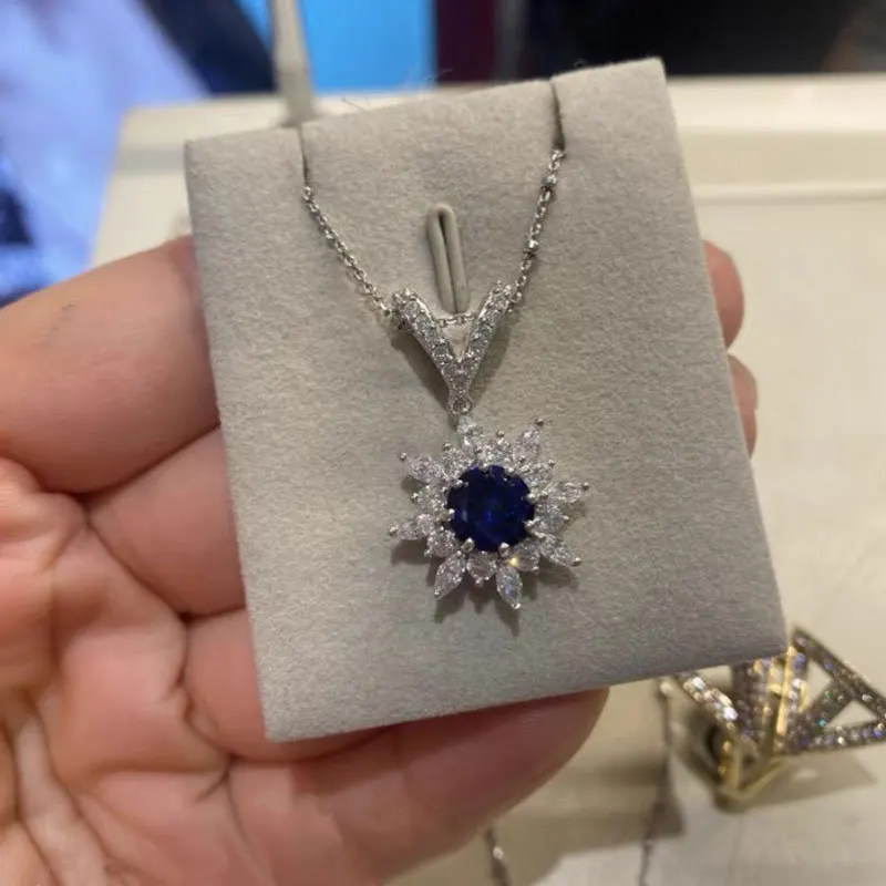 925 Sterling Silver Fashion Set with sunflower Earrings, Elegant Tanzanine sapphire Necklace, Women's Two-Piece Romantic Gift Se