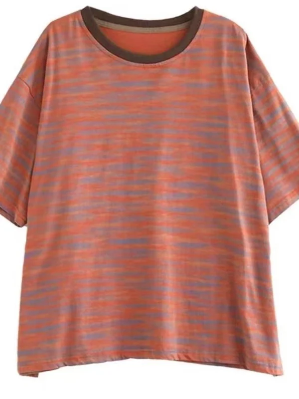 الرجعية مخطط القطن ort Sve تي شيرت المرأة عادية فضفاض صالح التخسيس الفني الأعلى الكورية Sle جولة Ne المحملة #5