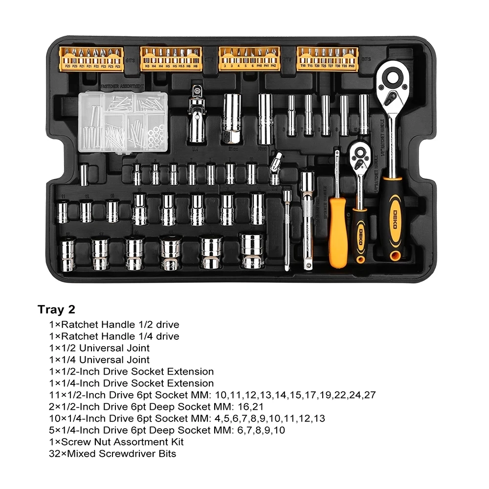 DEKO edc 258pcs tool set with three-layer rolling  tool box  hand tool kit storage box  glue gun socket wrench screwdriver