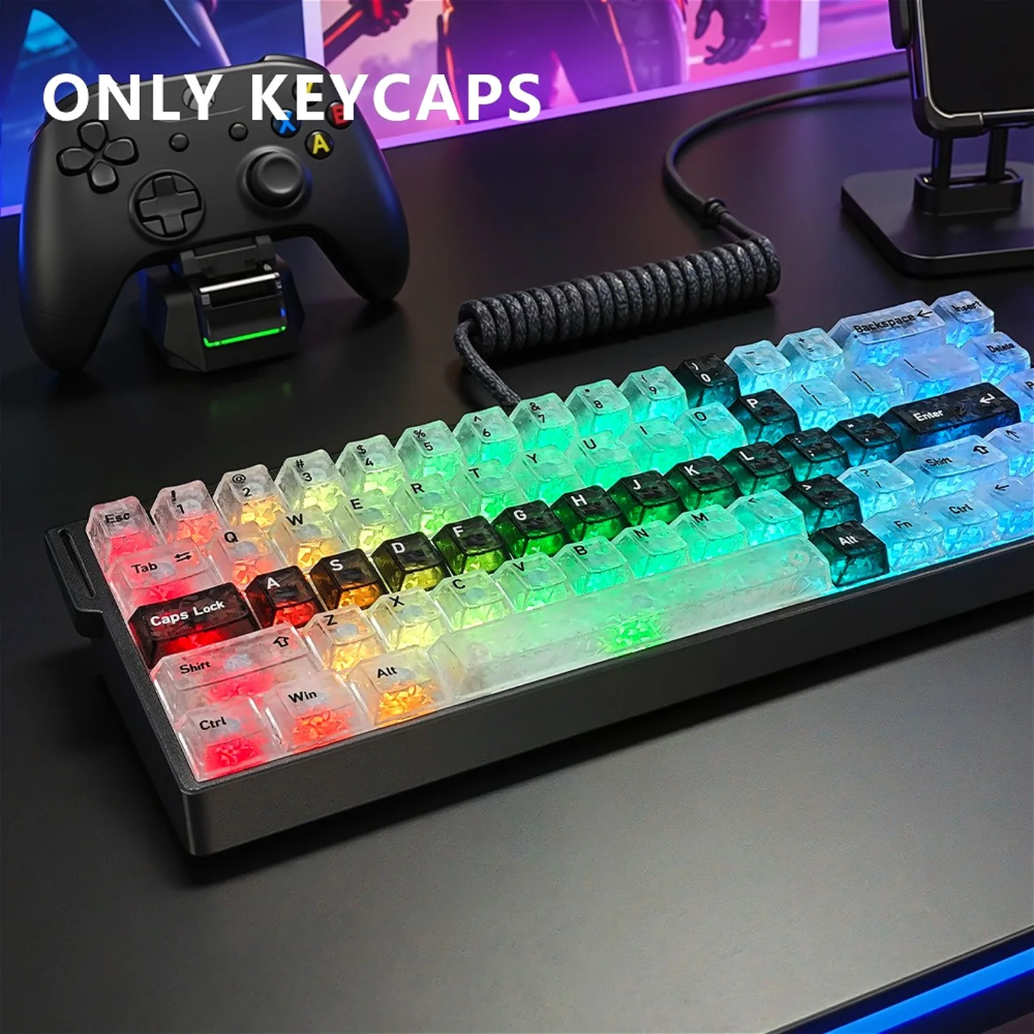 136 Keys Carbon Fiber Sword Keycaps, Black & Ice Design PC Transparent Backlit for Cherry MX Mechanical Keyboard, Multi-Language