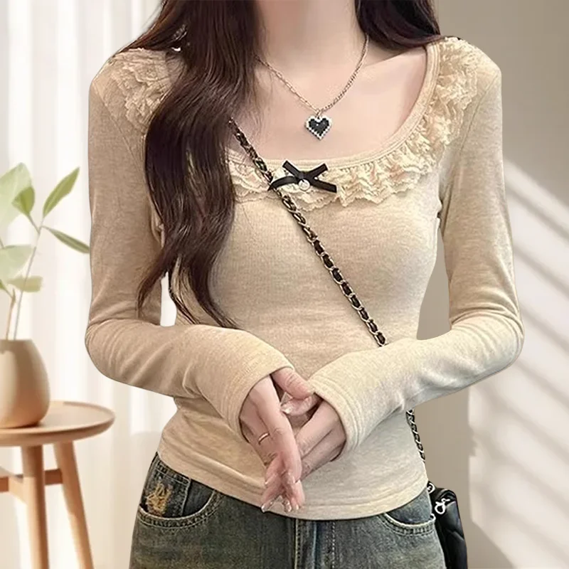 

Шикарная утягивающая базовая одежда с кружевной отделкой, женская осенняя лоскутная футболка с U-образным вырезом, модная футболка с длинными рукавами