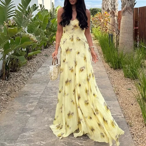 Imagen 2 del producto Vestido de banquete plisado sin mangas para playa, vestido Sexy de fiesta con cuello en V para mujer, nuevo vestido Maxi con tirantes de cintura alta con estampado Floral 2025