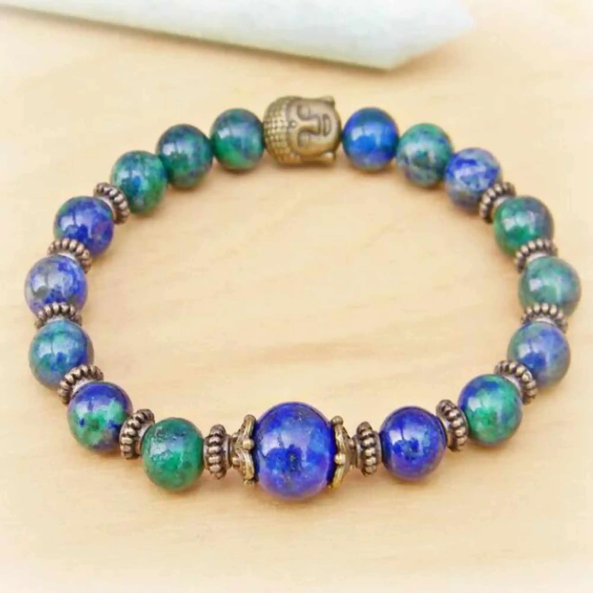 8mm Natural Azurite Malachite gemstone Buddha head Bracelet Yoga Women Mental Calming Seven Chakras Relief Prayer