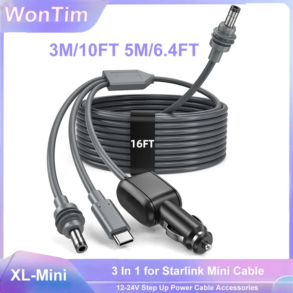 3 In 1 for Starlink Mini Cable High-Speed TYPE C/Car Charger/DC to DC Replacement Cable 12-24V Step Up Power Cable Accessories