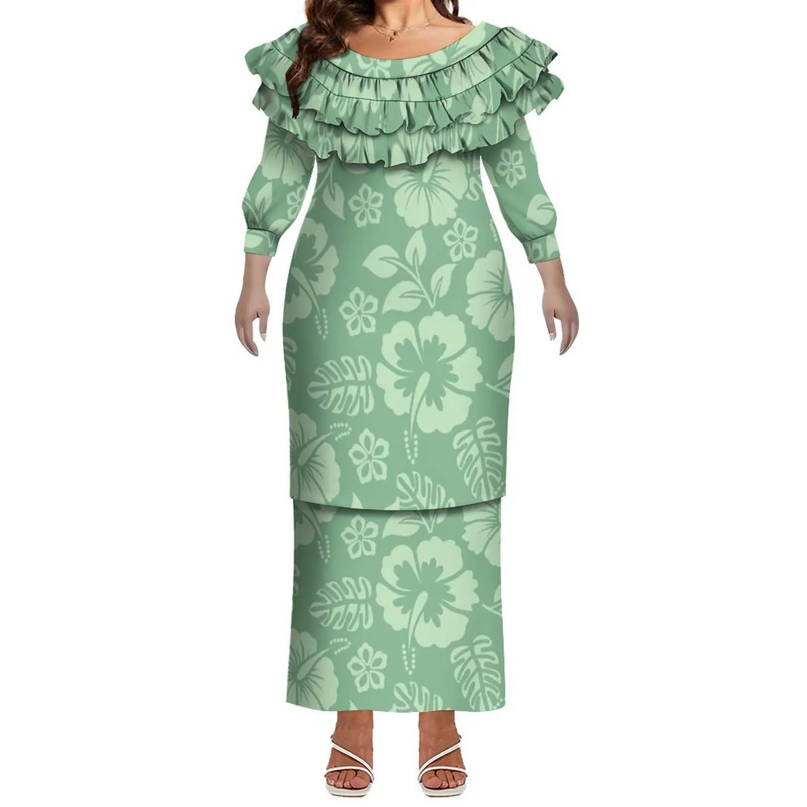 فستان بولينيزي مصنوع حسب الطلب مع نمط الكركديه وفستان بدلة بوليتاسي من الدانتيل على شكل أوراق اللوتس للنساء فستان سهرة طويل #3