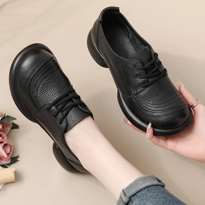 Casual Shoes Female Ladies Flats Vulcanized Shoes Genuine Leather Lace Up Flat Shoes Round Toe Classics Fashion Shoes For Woman