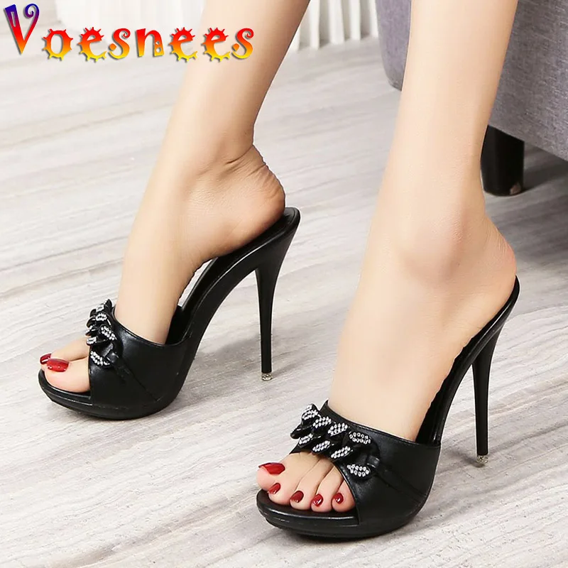 2022 New Diamond Chain Women Pumps Slippers Thin High Heels Party Shoes Fashion Solid Color Summer Dress Sandals Shallow Mouth