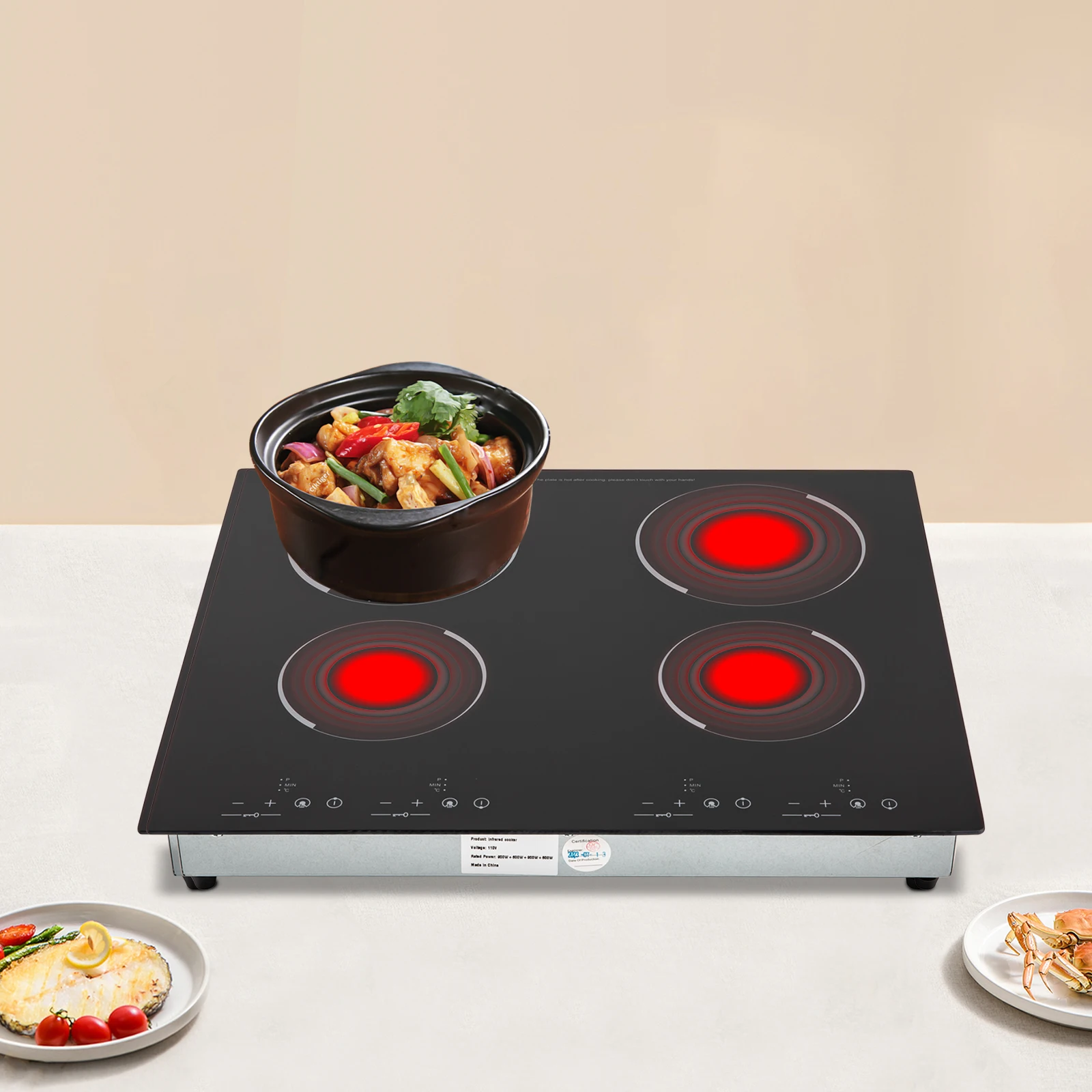 

Электрическая керамическая плита 60*54 см, 4 конфорки, 3000 Вт, 110 В, черная, с LED-дисплеем, защитой от детей, таймером и сенсорным управлением