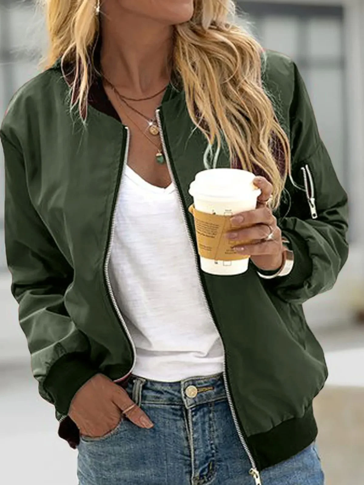 

Street Sle Свободный крой Long Sve Pure Color Jaet на молнии Женская повседневная модная верхняя одежда Осенний сезон Обычная длина