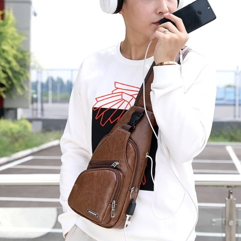 

USB Men's Chest Bag Portable Rechargeable Casual Crossbody Bag Outdoor Sports PU Chest Bag crossbody bags men bag waist bag