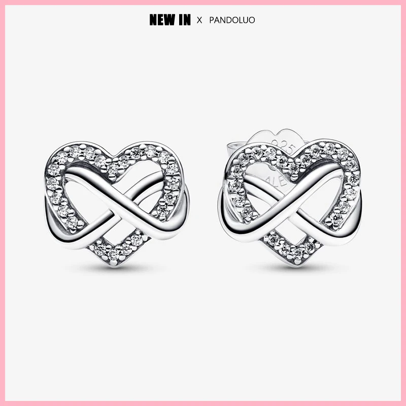 2024 Hot Sale 925 Silver Sparkling Infinity Heart Stud Earrings Women Jewelry Luxury Gift Original Design Fashion Jewelry New in