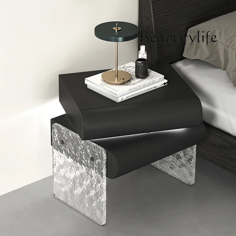 M Smart Wireless Charging Rotating Bedside Table Acrylic Stone Pattern Italian Minimalist Style Solid Wood Bedroom Storage