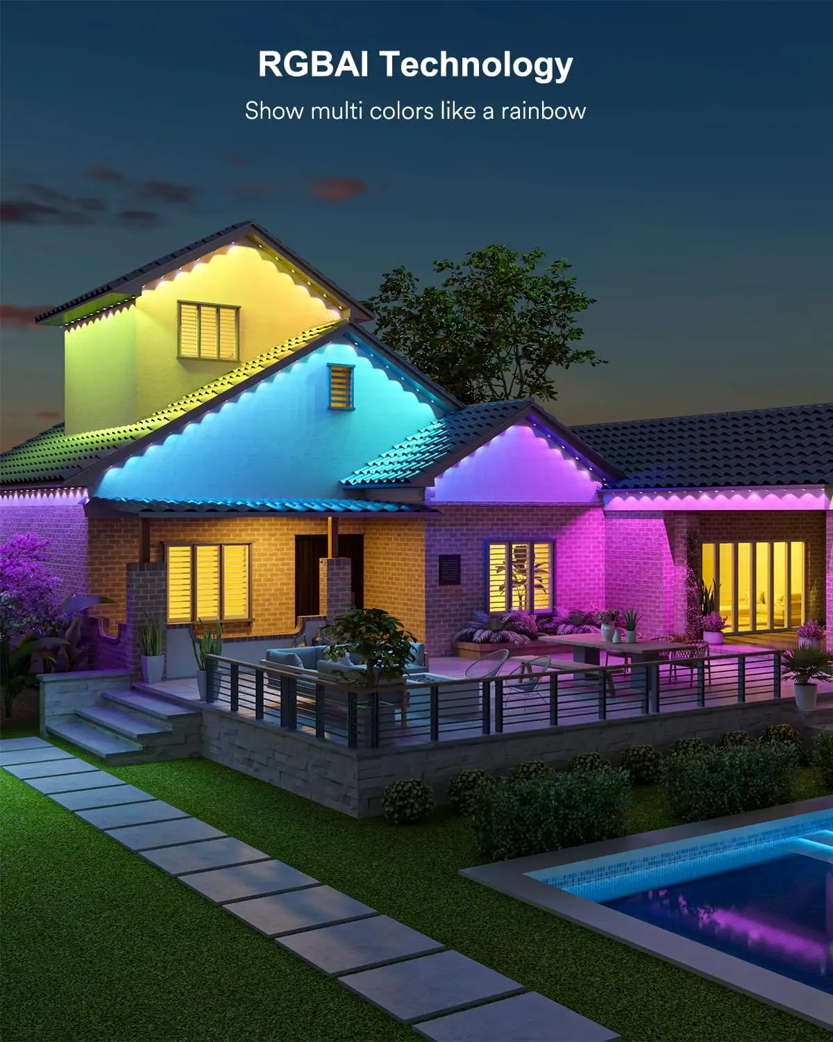 Luzes externas permanentes, 50 pés com 36 luzes LED para iluminação diária e de destaque, vários modos de cena Luzes de beirais com RGB Smar