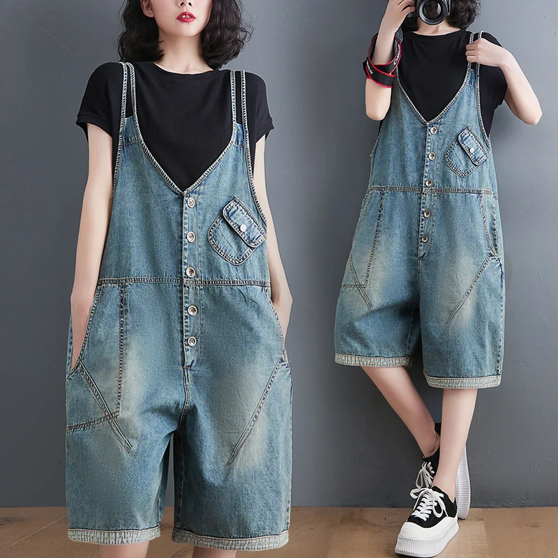 Loose Big Size Summer Denim Overalls Women Casual Oversized Jumpsuits Wide Leg Shorts Cargo Baggy Pants Straps Jeans Dungarees