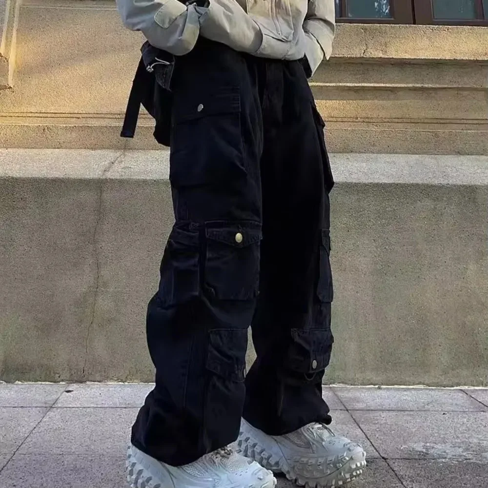 2025SS جديد الرجال عادية الهيب هوب متعدد جيب وظيفية الأمريكية الرجعية العلامة التجارية المألوف مستقيم الساق واسعة الساق العمل السراويل Y2K
