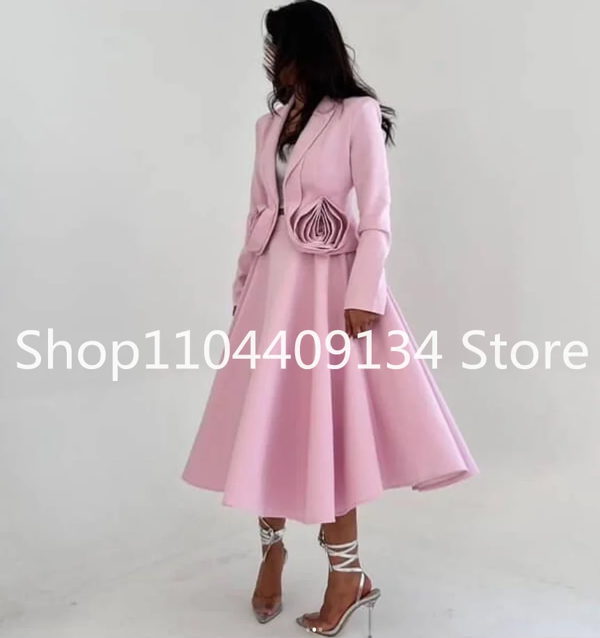 ピンク ティーレングス サウジ プロムドレス 長袖ブラウス 3D フローラル シャーリングスカート 中東 イブニングドレス ジャージー オーダーメイド カスタムサイズ