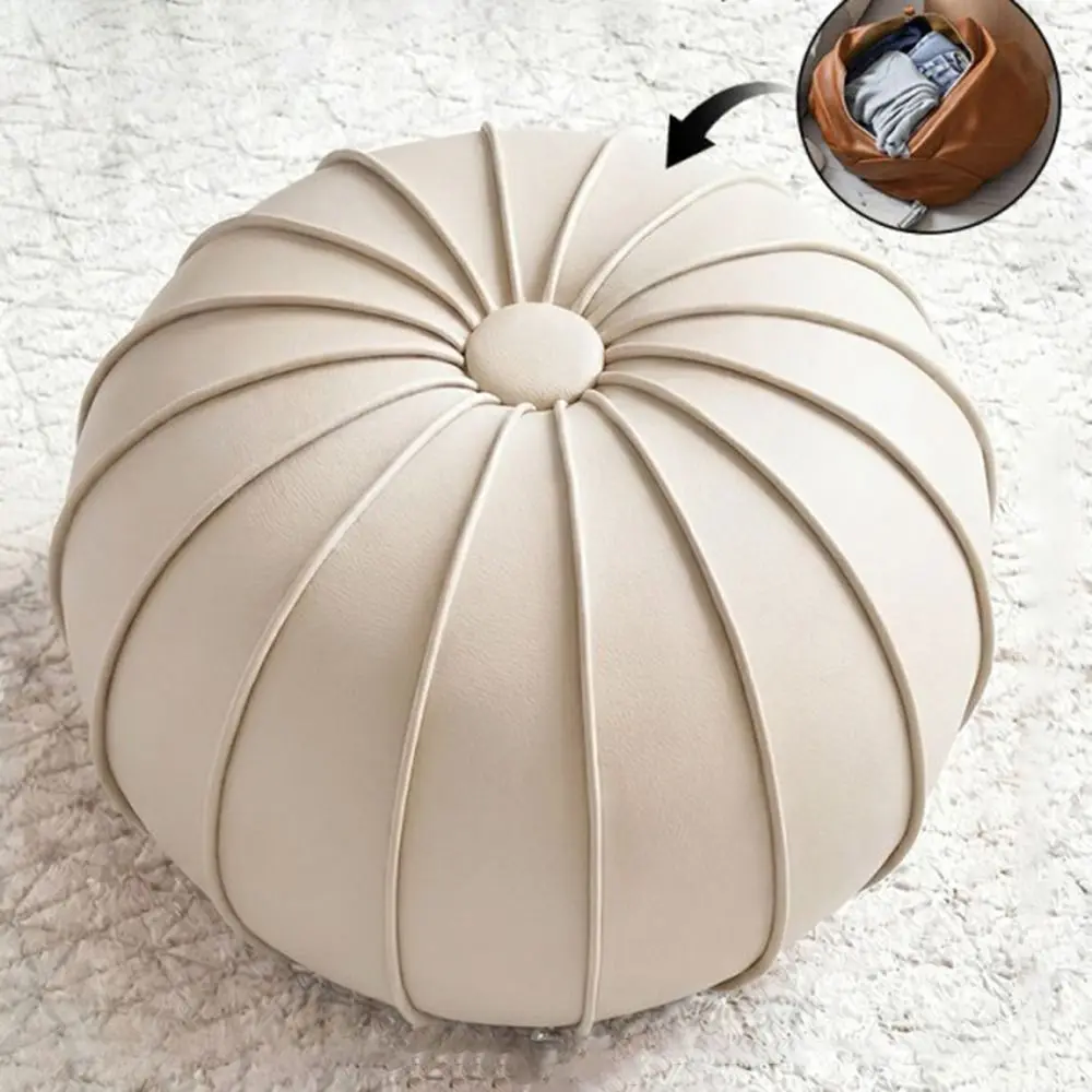 New Leather Fillable Ottoman Pouf Low Profile Round Shape Storage Ottoman Luxury Style Floor Seat Cushion Shoe Changing