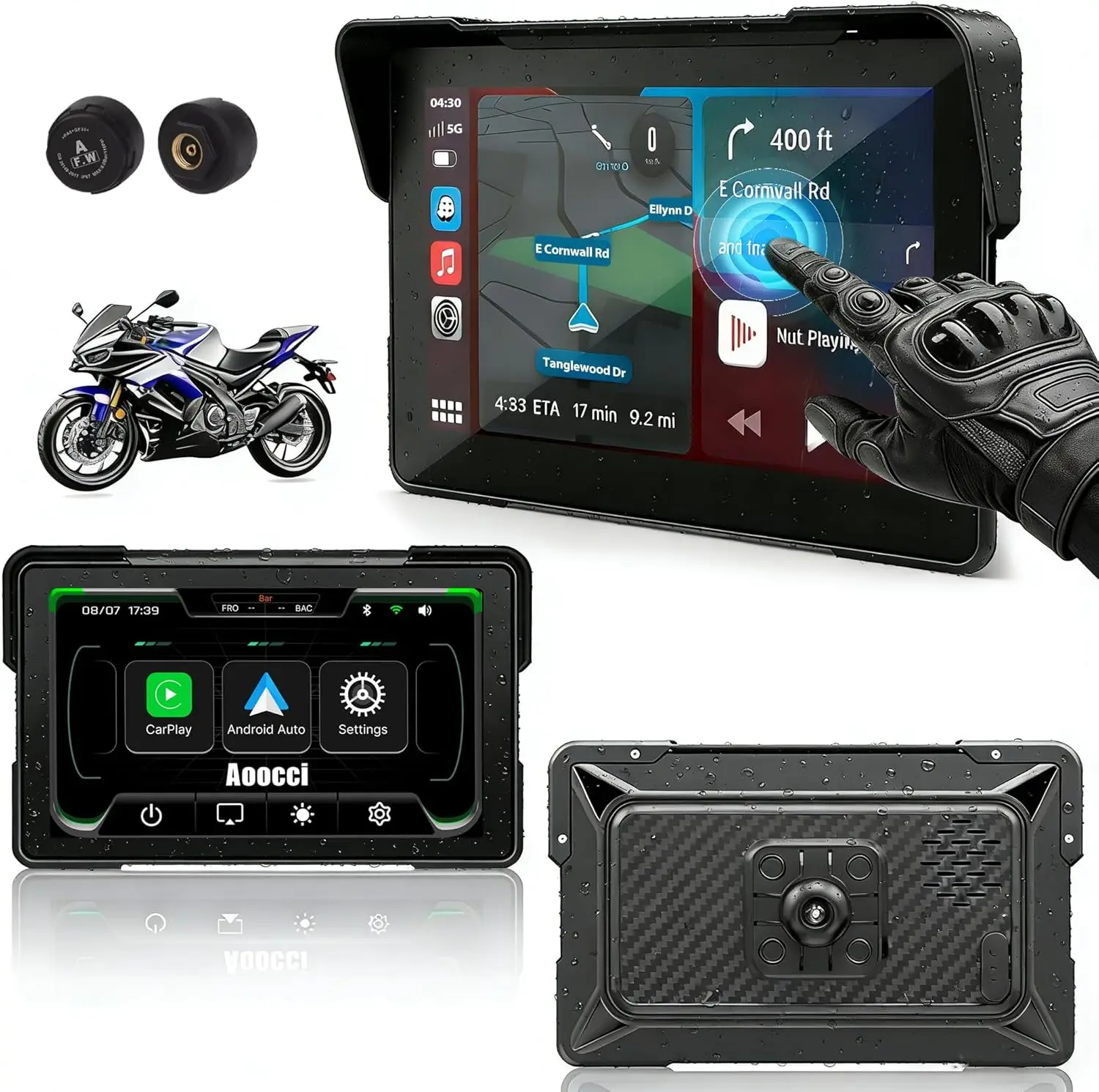 Aoocci C7 Motorcycle Carplay GPS Navigation System for Apple CarPlay & Android Auto 7in HD Touchscreen Dual Bluetooth TPMS IP67