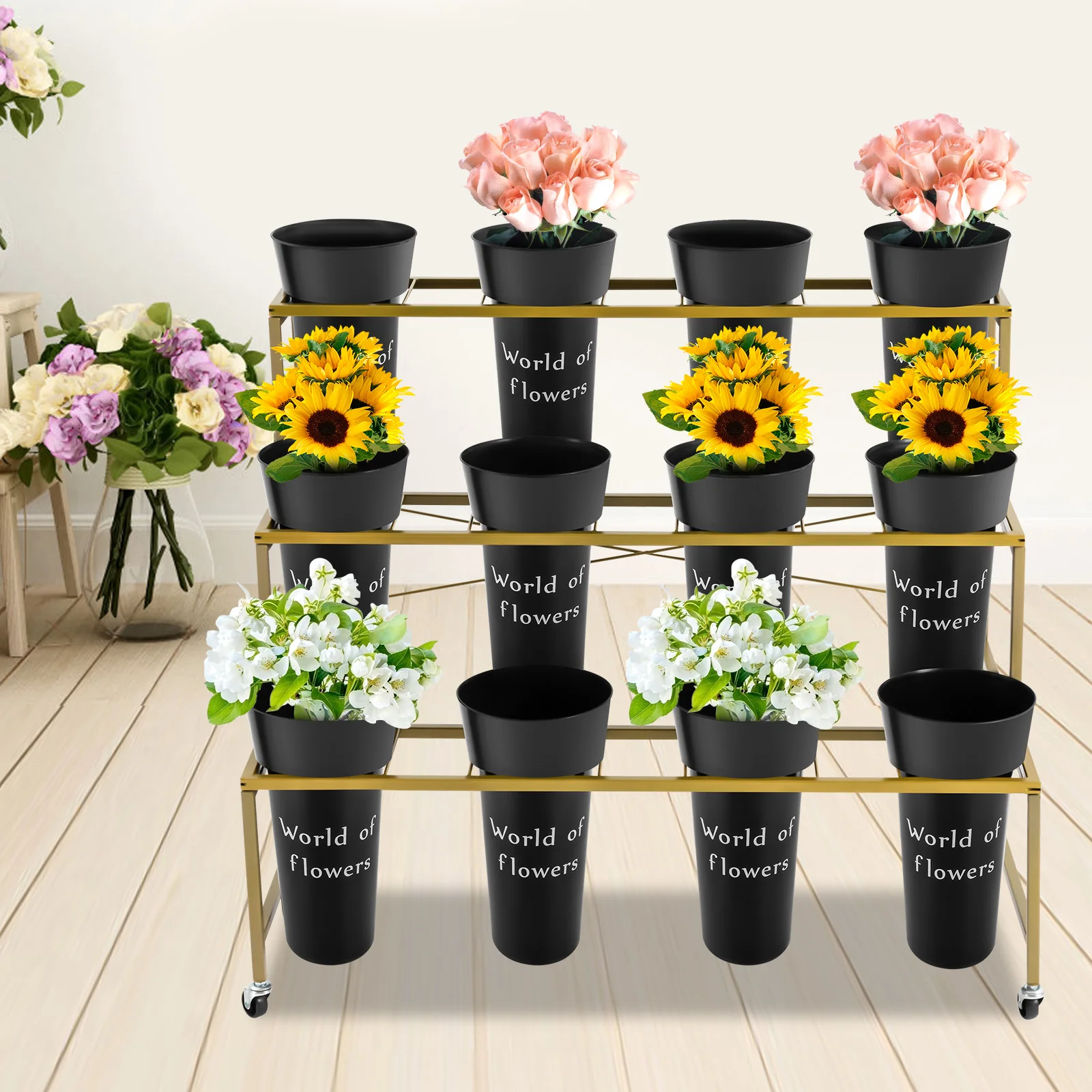 Flower Display Stand - 3 Layers Metal Plant Stand with 12Pcs Buckets, Moving Plant Cart Shelf, for Indoor Florist