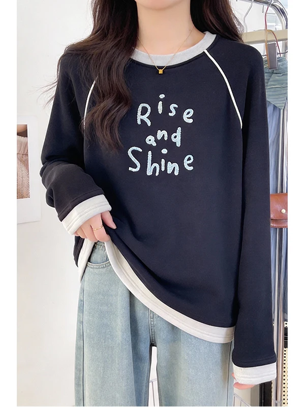 Elegant Color Block Long Sleeve T-Shirt Women's Autumn Winter plus Size Slimming Daily Velvet Base Shirt Fashionable round Neck