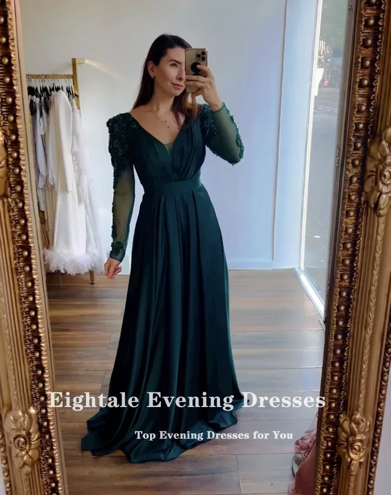 Eightale Formal Occasion Evening Dresses for Wedding Party Satin V-Neck A-Line Green Appliques Beaded Celebrity Prom Gowns