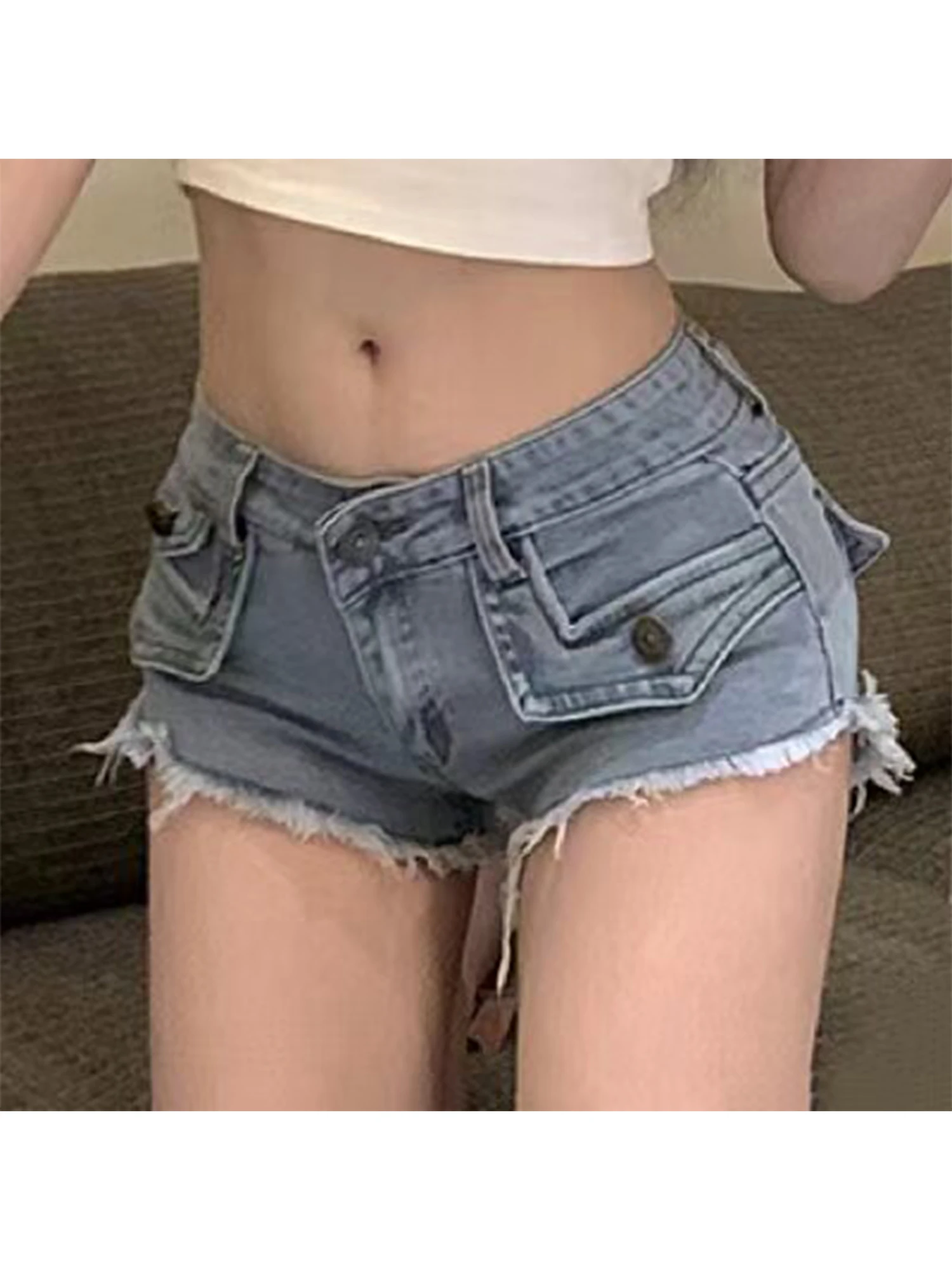 Women's Blue Y2K Mini Denim Shorts Y2K Gyaru Sexy Nightclub Pole Dance Jean Shorts Low Rise Frayed Micro Cowboy Hot Pants Summer