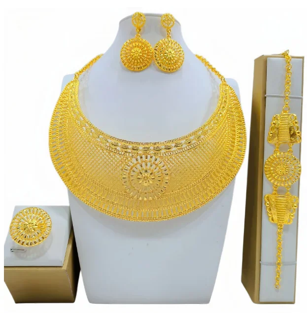 

Fashion Dubai Gold Color Jewelry Sets For Women African India Bridal Tassel Necklace Bracelet Earrings Ring Jewellery Party Gift