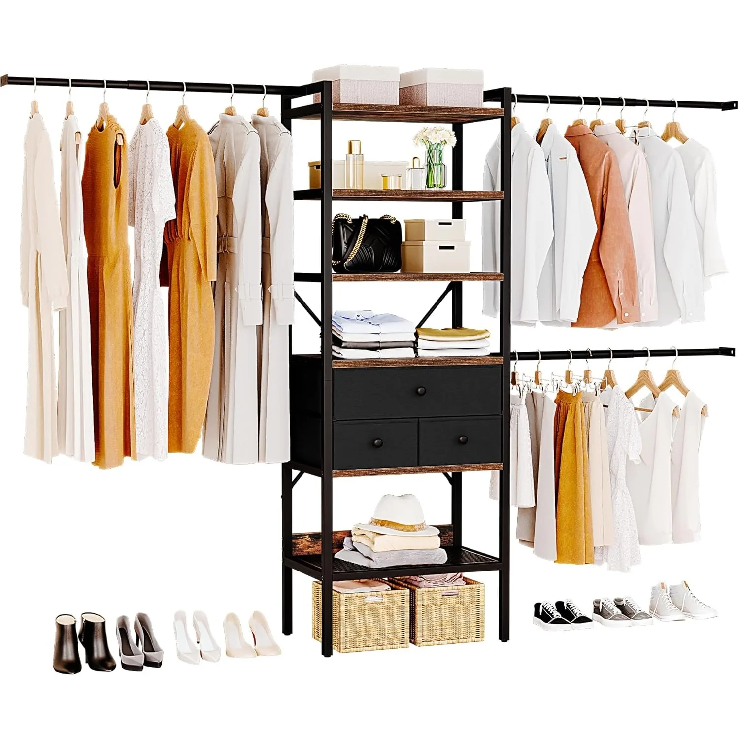 Closet System, Walk In Closet Organizer Systems with 3 Drawers ，Shelves and 3 Expandable Hanger Rods, Fits 6-9 ft Space,Black