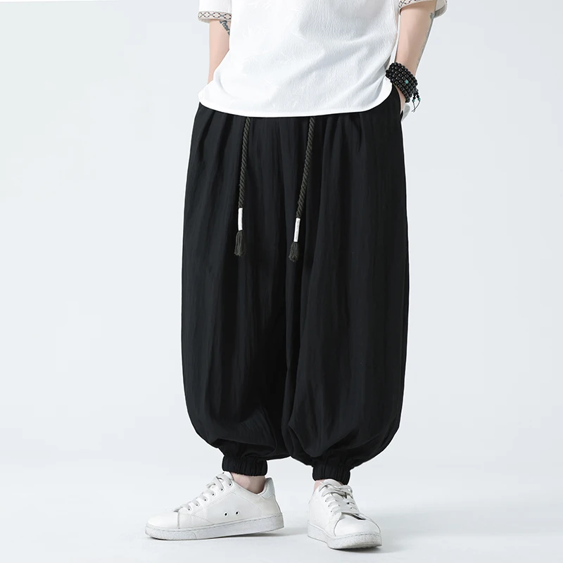 Pantalones informales Harajuku para hombre, pantalón Harem de pierna ancha para correr, de lino y algodón, de gran tamaño, primavera y verano, 2024