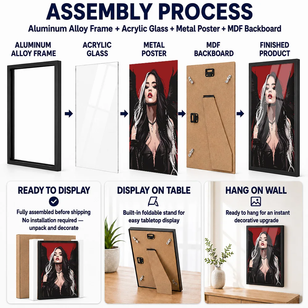 Gothic Woman Portrait Metal Poster With Aluminum Alloy Frame Customized Painting Style Wall Art For Bedroom And Reading Room