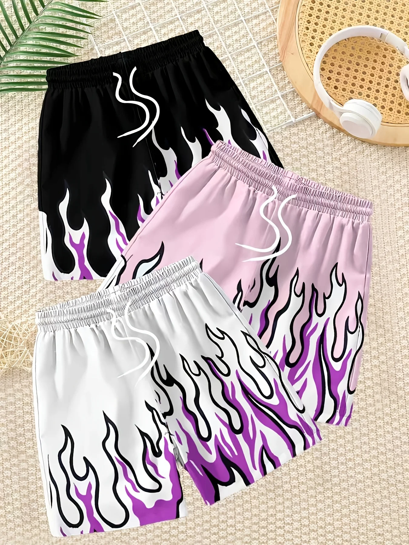 American Millennium Style Gradient Purple Flame High-Waisted Wide-Leg Casual Sports Shorts/Beach Pants for Children and Adults