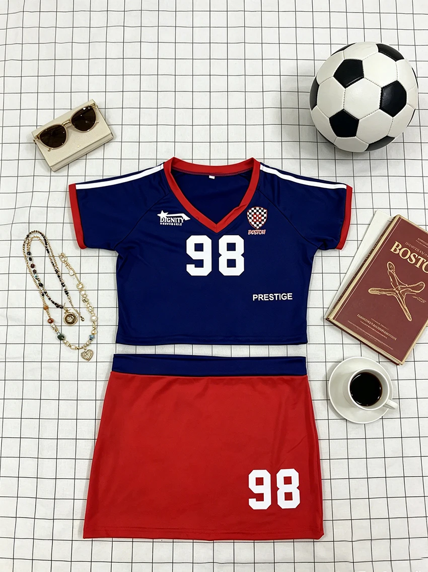 

Women Trendy Color Block 2-Piece Sporty Set 2026 New V-Neck Crop Jersey Top & 98 Print Mini Skirt Casual Streetwear